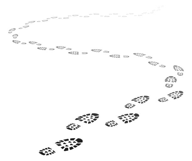 Footstep path in perspective, walking away footprint trail. Trace of human foot print silhouettes, shoe sole imprint track vector background Footstep path in perspective, walking away footprint trail. Trace of human foot print silhouettes, shoe sole imprint track vector background. Male outgoing pair of boots dirty imprints footprints stock illustrations