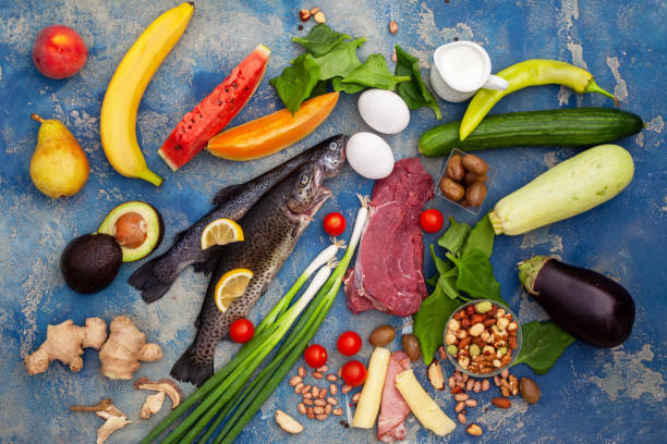istock Ketogenic low carbs diet - food selection on blue background 1334245749