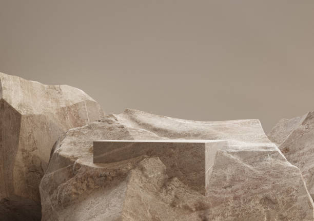 表示プロダクトのための表彰台が付いた抽象的な石。3d イラスト - sandstone ストックフォトと画像