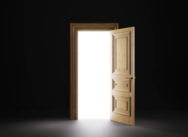 Wooden door opening to the bright light. 3d