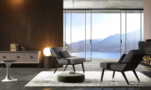 istock Modern interior design. Apartment with sea view. 3d illustration 1334246220