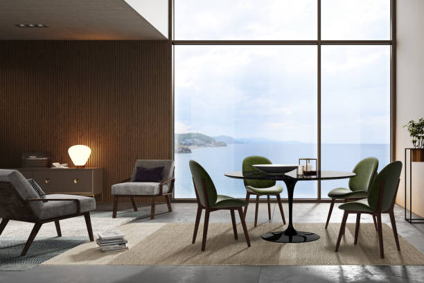 Modern home interior design with sea view, table and decor in living room. 3d