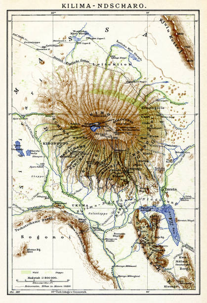 Map of Mount Kilimanjaro 1898 which is a dormant volcano in Tanzania.
Original edition from my own archives
Source : Brockhaus 1898