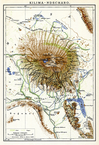 Map of Mount Kilimanjaro 1898 which is a dormant volcano in Tanzania.
Original edition from my own archives
Source : Brockhaus 1898