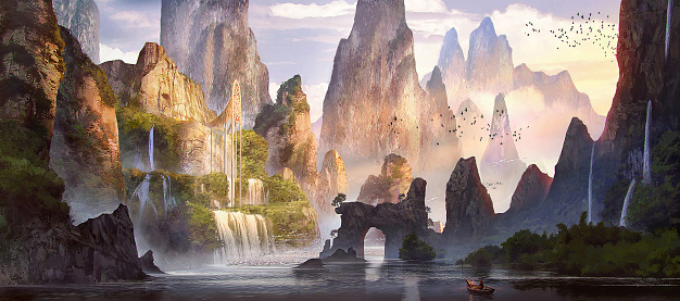 digital illustration of fantasy island with golden castle tower and waterfall from cliff