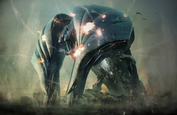 istock 3d rendering of imaginative futuristic science fiction fantasy giant machine robot cyborg for military war protection shield 1334251146