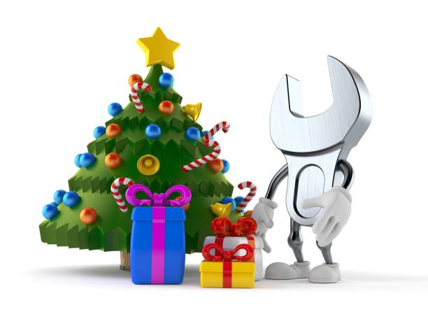 istock Wrench character with christmas tree and gifts 1334251956