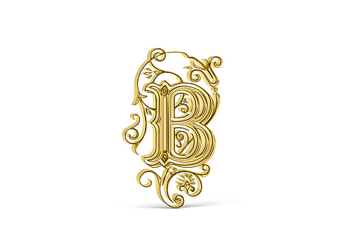 Golden decorative 3d letter B with ornament isolated on white background - 3D render
