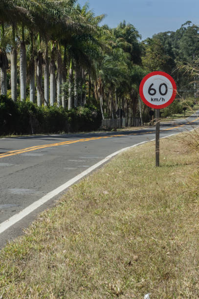 istock 60 km per hour, signpost written on a sign that is on a road, copy space on the left 1334254885