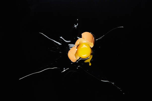 incidente in cucina: uovo fracassato sul pavimento - break eggs domestic kitchen breaking foto e immagini stock