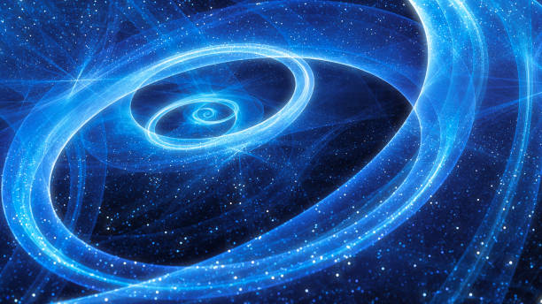 blau leuchtende spiralgalaxie mit sternen und flugbahnen - übersinnliches stock-fotos und bilder