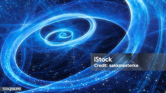 istock Blue glowing spiral galaxy with stars and trajectories 1334258390