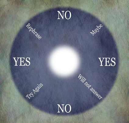 stone coloured rustic background with a blue purple circular dowsing guide showing the words YES NO Maybe Will Not Answer Rephrase and Try Again