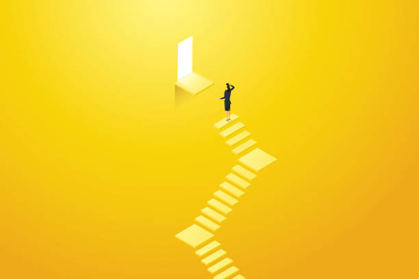 Businesswoman standing on the stairs unable to reach the door. Businesswoman standing on the stairs unable to reach the door. It's an obstacle in your career internal growth. Vector illustration. agility abstract stock illustrations