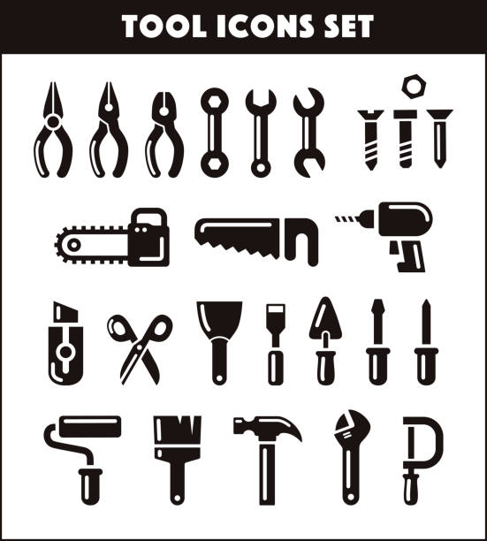 도구 아이콘 세트 - hand drill work tool white white background stock illustrations