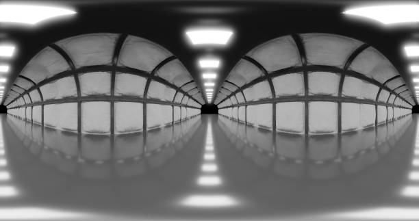 istock 3d rendering. 360 degree HDRI card. A corridor with soft, safe walls and neon lighting. Laboratory or gateway. 1334263634