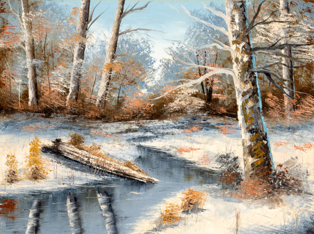 Winter Landscape Oil Painting Original oil painting of a beautiful rural winter landscape with a stream and mountains in the background. Christmas Holiday concept. christmas oil painting stock illustrations