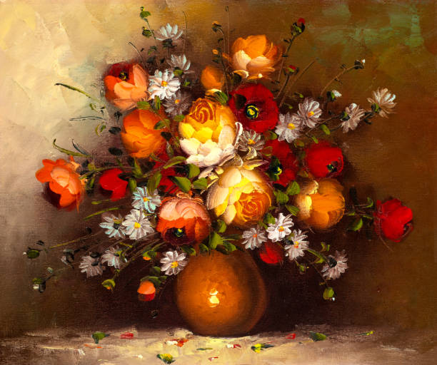 ilustrações de stock, clip art, desenhos animados e ícones de still life of flowers bouquet in a vase oil painting - natureza morta