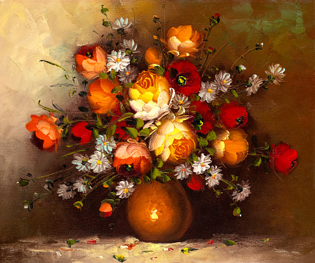 Oil painting depicting still life of various flowers in a vase.