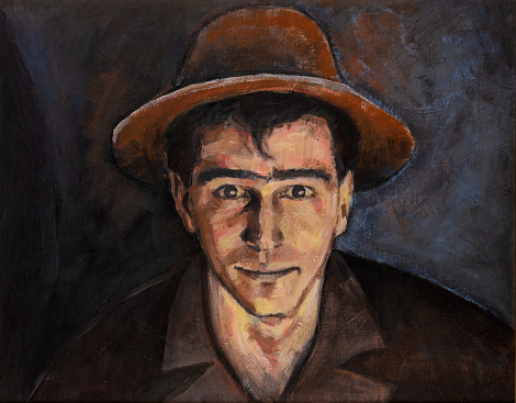 Frontal portrait or self portrait oil painting of a young man with a hat.