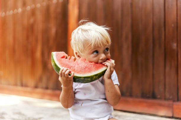 Baby eats watermelon. Toddler is sitting in the yard and eating a slice of watermelon. Child with blond hair and big blue eyes looks from the side and bites a watermelon. Growing up in the countryside stock photo