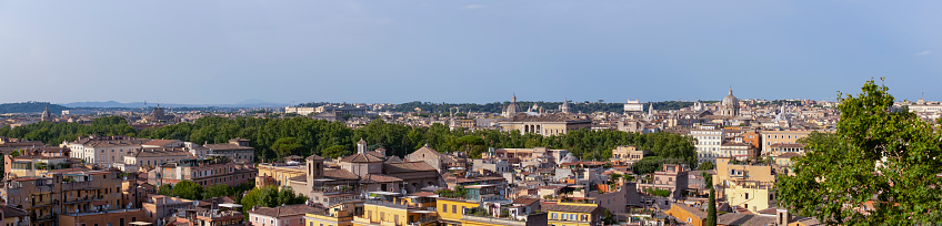 Panorama of Rome Italy  seen from the Janiculum Hill in August 2021. Beautiful Rome skyline in summer