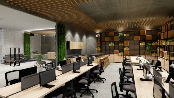 istock Interior Empty Modern Loft Office open space modern office footage.Modern open concept Lobby and reception area meeting room design. 3D Rendering . 1334266405