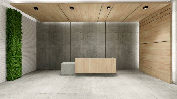 istock Modern and luxurious Offices lobby interior area . Reception counter des. 3d rendering interior office modern and loft design. 1334266407