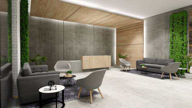 istock Interior Empty Modern Loft Office open space modern office footage.Modern open concept Lobby and reception area meeting room design. 3D Rendering . 1334266408