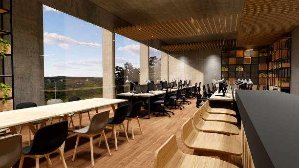 Modern and luxurious Offices lobby interior area . Reception counter des. 3d rendering interior office modern and loft design.