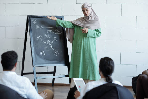 istock Confident Arabic female explaining diagram on blackboard 1334268615