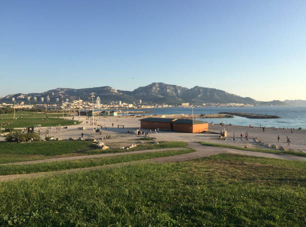 The Prado Beach is the largest beach in Marseille and is more like a succession of beaches over miles between the David beach and the Vieille Chapelle beach. The Marseilleveyre massif can be seen in the background.