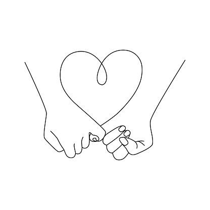 two hands crossed little fingers and a heart. the concept of romantic relationships, support, make a promise, ask for forgiveness, reconciling or just hold on to each other. simple sign for web, print