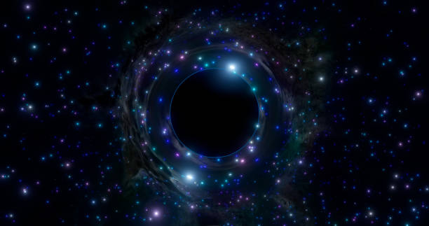 istock Black hole above the star field in outer space. Distortion of light passing through the massive body. 3d rendering 1334269650