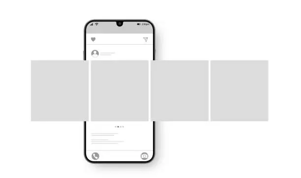 Vector illustration of Smartphone with carousel interface post on social network. Social media design concept. Vector illustration.