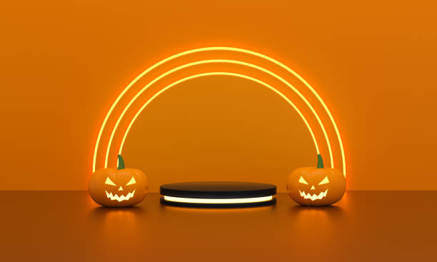 istock Cylinders pedestal with light and pumpkins halloween for product display on funny circles light on orange background. 1334272000