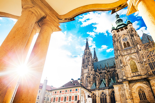 Wide panoramic view of St. Vitus Cathedral in Prague, Czech Republic