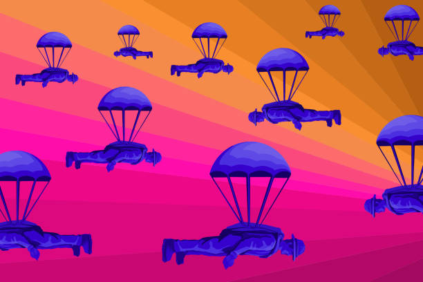 Array of man with parachutes doing extreme sport in the sunset with neon colors