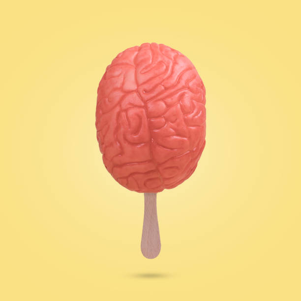 Creative funny  idea made from a stick of ice cream and the human brain on a yellow background. Creative funny  idea made from a stick of ice cream and the human brain on a yellow background. Creative art concept of mental health care. melting brain stock pictures, royalty-free photos & images
