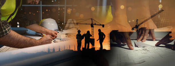 Double exposure of civil engineer silhouette at construction site with building designer working and meeting at night in banner site Double exposure of civil engineer silhouette at construction site with building designer working and meeting at night in banner site building information modeling photos stock pictures, royalty-free photos & images