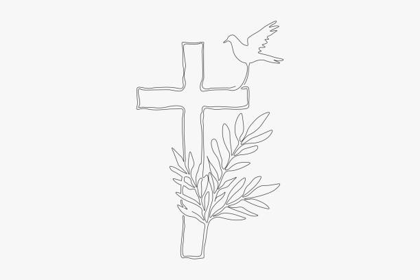 식물과 비둘기와 기독교 십자가. 장례 디자인 요소, 라인 아트 - cross cross shape religion easter stock illustrations