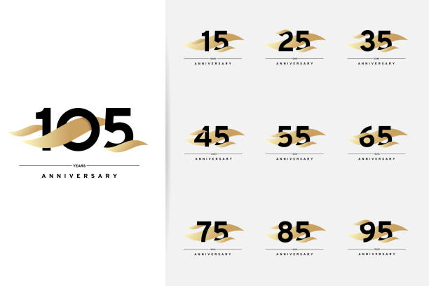 Anniversary set. 15, 25, 35, 45, 55, 65, 75, 85, 95, 105 years Modern simple design with gold elements. Vector illustration isolated on white background number 25 stock illustrations