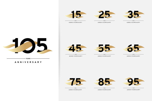 Anniversary set. 15, 25, 35, 45, 55, 65, 75, 85, 95, 105 years Modern simple design with gold elements. Vector illustration isolated on white background 65th anniversary stock illustrations