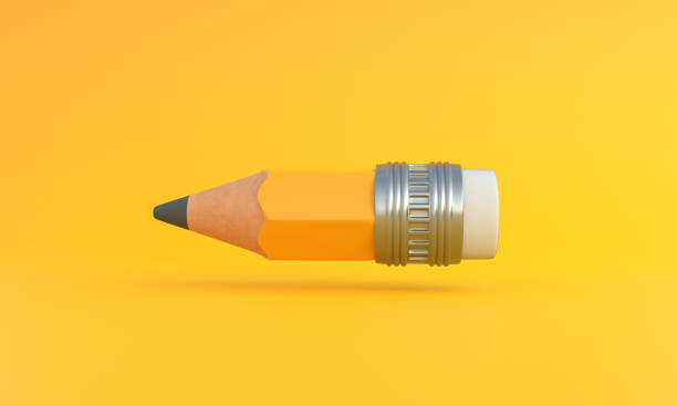 黄色の背景に飛んでゴム消しゴムと面白い小さな鋭い木製の鉛筆 - pencil yellow single object office ストックフォトと画像