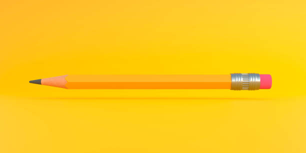 istock Classic sharp wooden pencil with rubber eraser flying on yellow background 1334279030