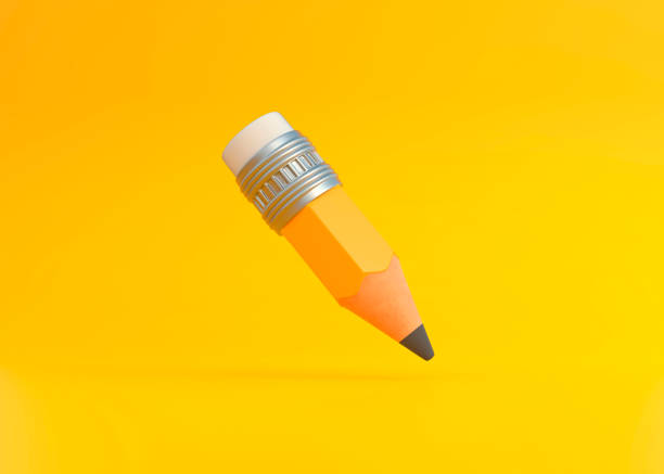 istock Funny small sharp wooden pencil with rubber eraser flying on yellow background 1334279036