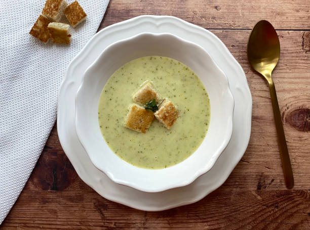 istock Vegetarian broccoli cream soup with croutons. 1334280436