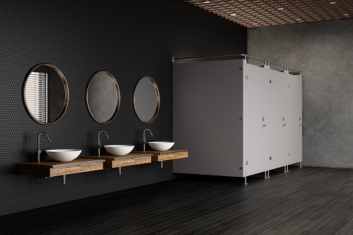Side View Of Luxurious Public Restroom With Toilets, Mirrors And White Sinks