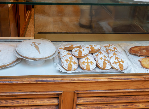 Santiago de Compostela, Spain - September 13, 2020:Traditional Saint Jakob's cakes at the bakery showcase in the Santiago de Compostela, Galicia, Spain.