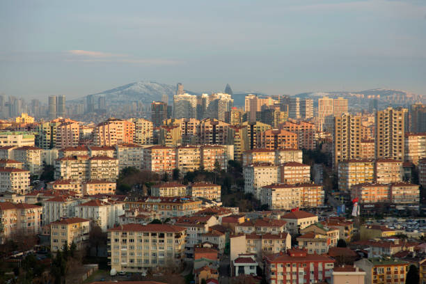 이스탄불 건물과 안개 낀 날씨에 파노라마 도시 전망. - kadikoy district 뉴스 사진 이미지